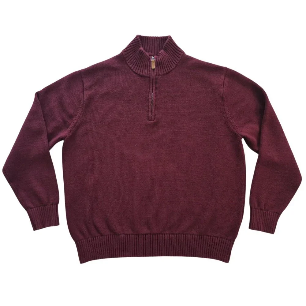 St. John's Bay Quarter Zip 100% Cotton Heavy Knit Sweater Maroon Red Size XL